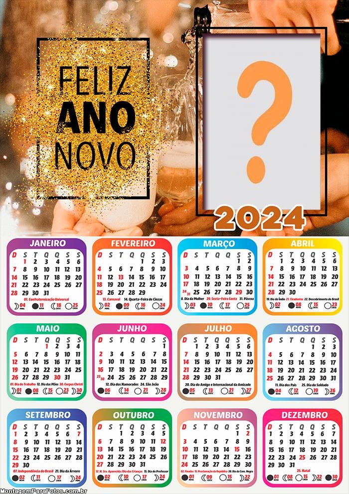 Calendário 2024 Feliz Ano Novo Dourado Montar Foto Grátis