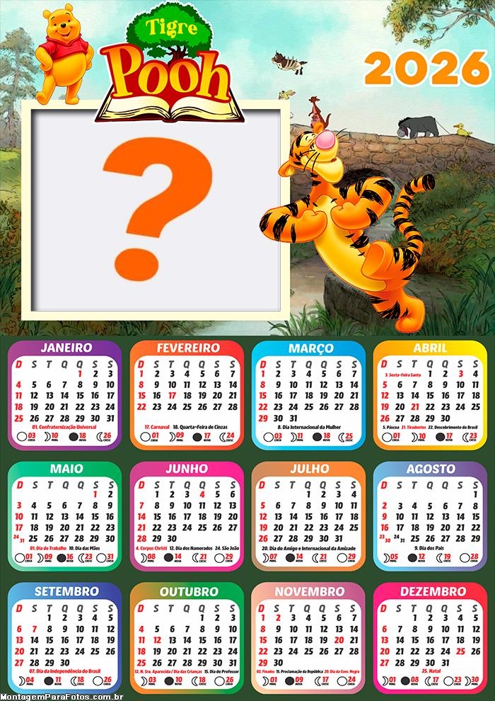 Calendário 2026 Tigre Pooh para FotoMontagem