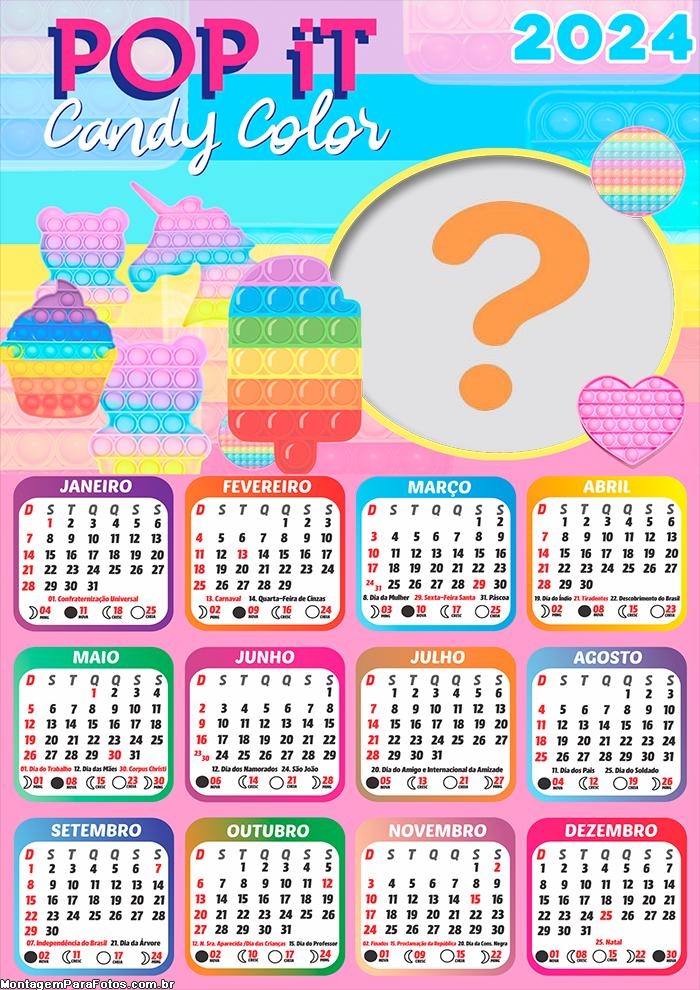 Calendário 2024 Pop iT Candy Color Infantil Foto Montagem