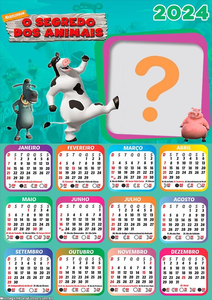 Infantil Foto Colagem Calendário 2024 O Segredo dos Animais