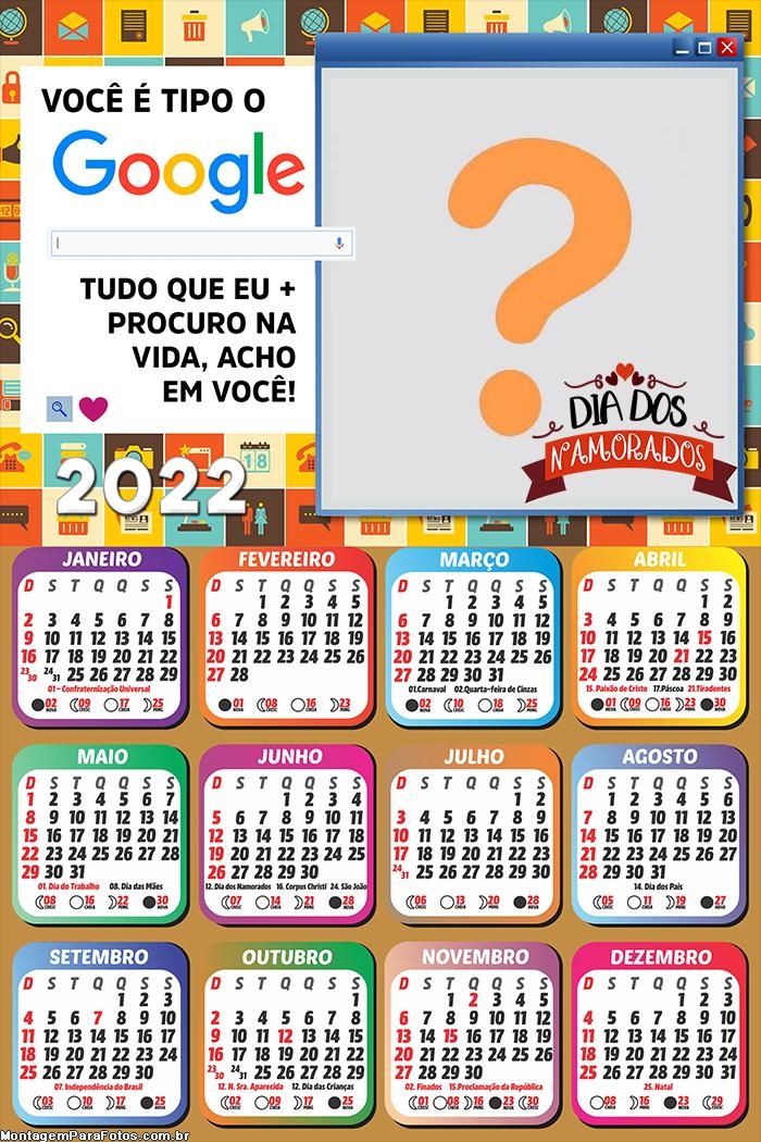 Calendário 2022 Dia dos Namorados Tipo Google Colagem Online