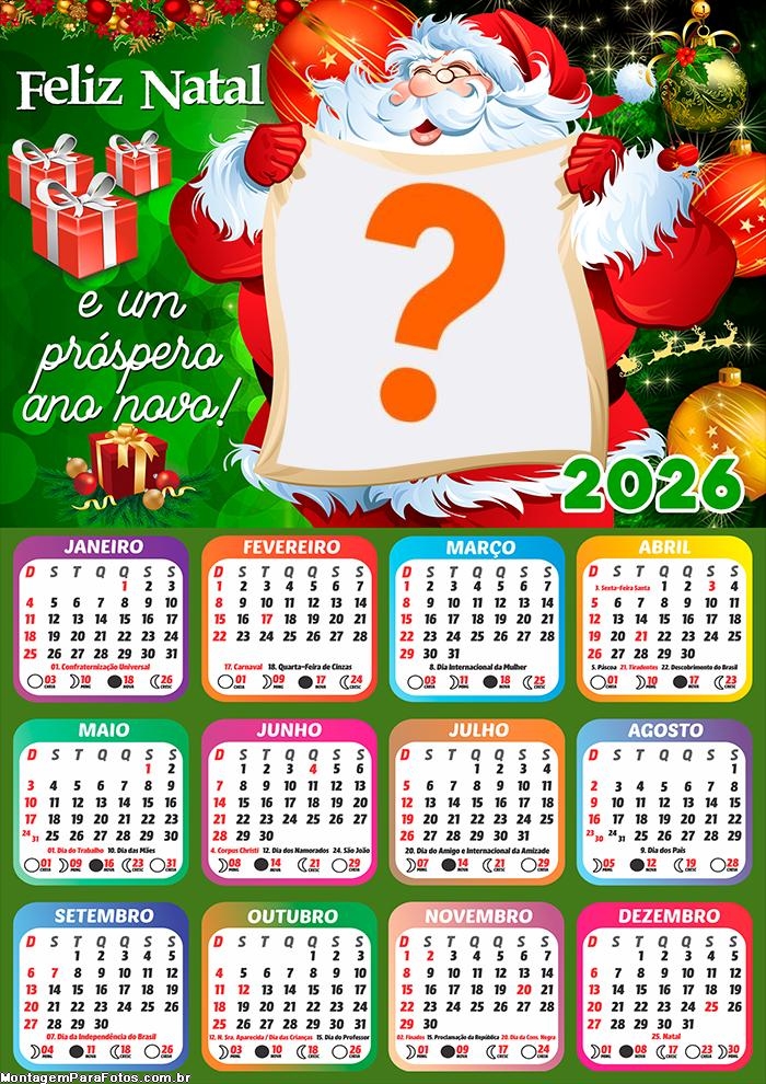 Calendário 2026 Papai Noel Feliz Emoldurar Foto Online