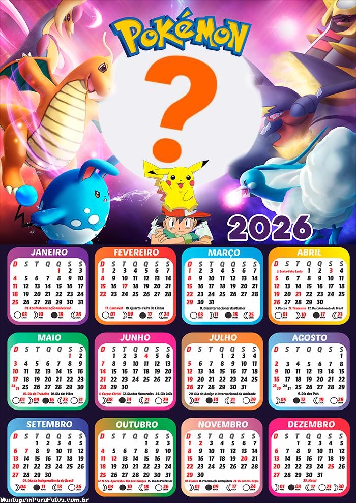 Calendário 2026 Pokémon Fazer Colagem Grátis