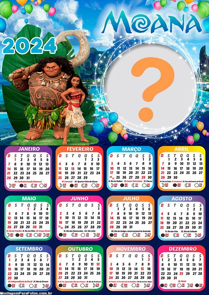 Calendário 2024 Aniversário Moana Colar Foto Online