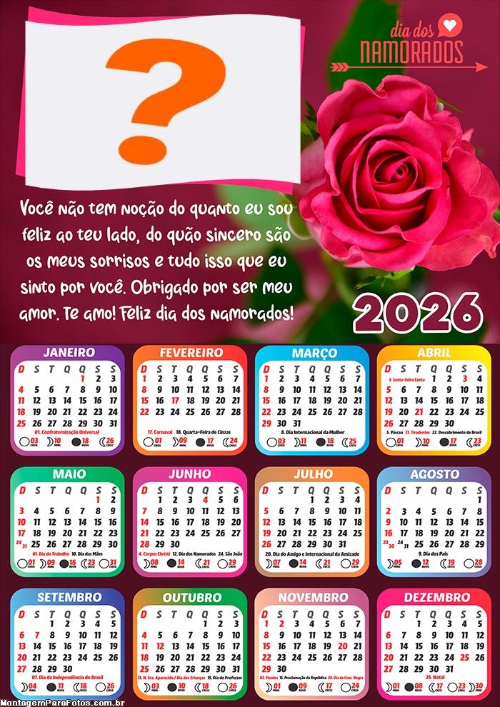 Calendário 2026 Dia dos Namorados Mensagem Criar Montagem