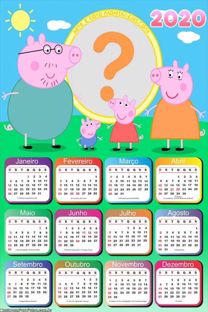 Calendário 2020 Peppa Pig Família Moldura