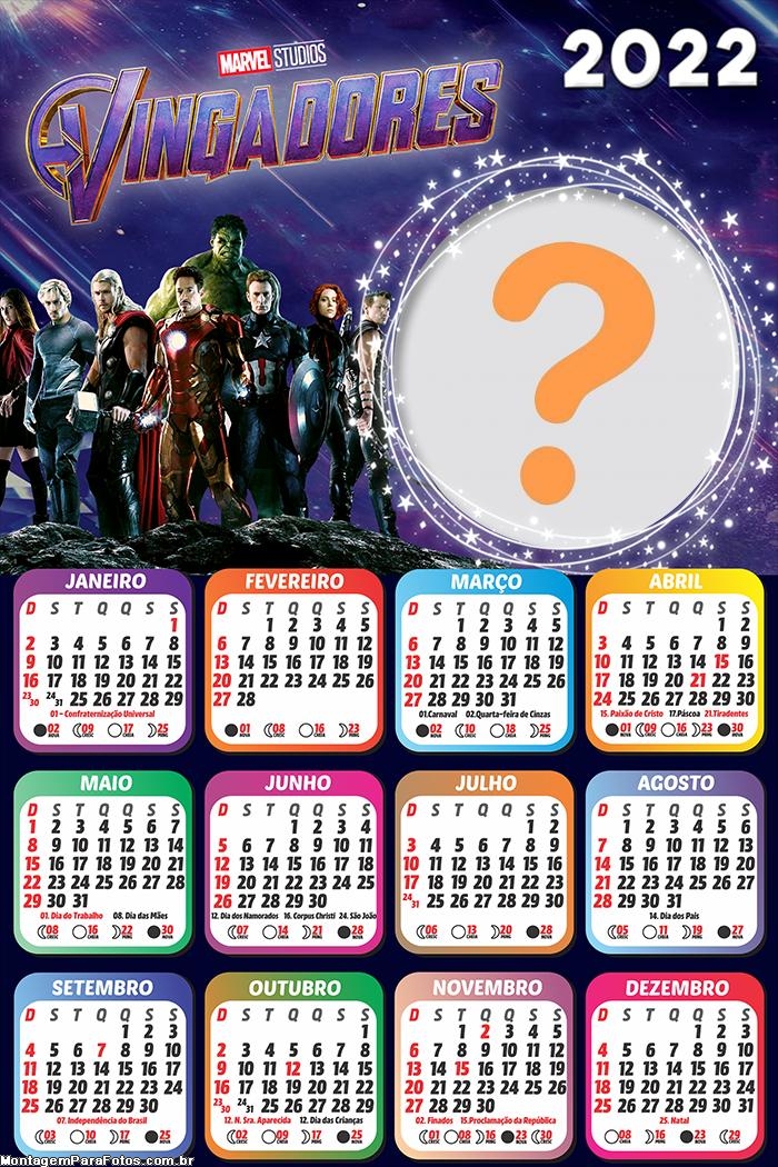 CalendÃ¡rio 2022 Vingadores Colar Foto e Imprimir