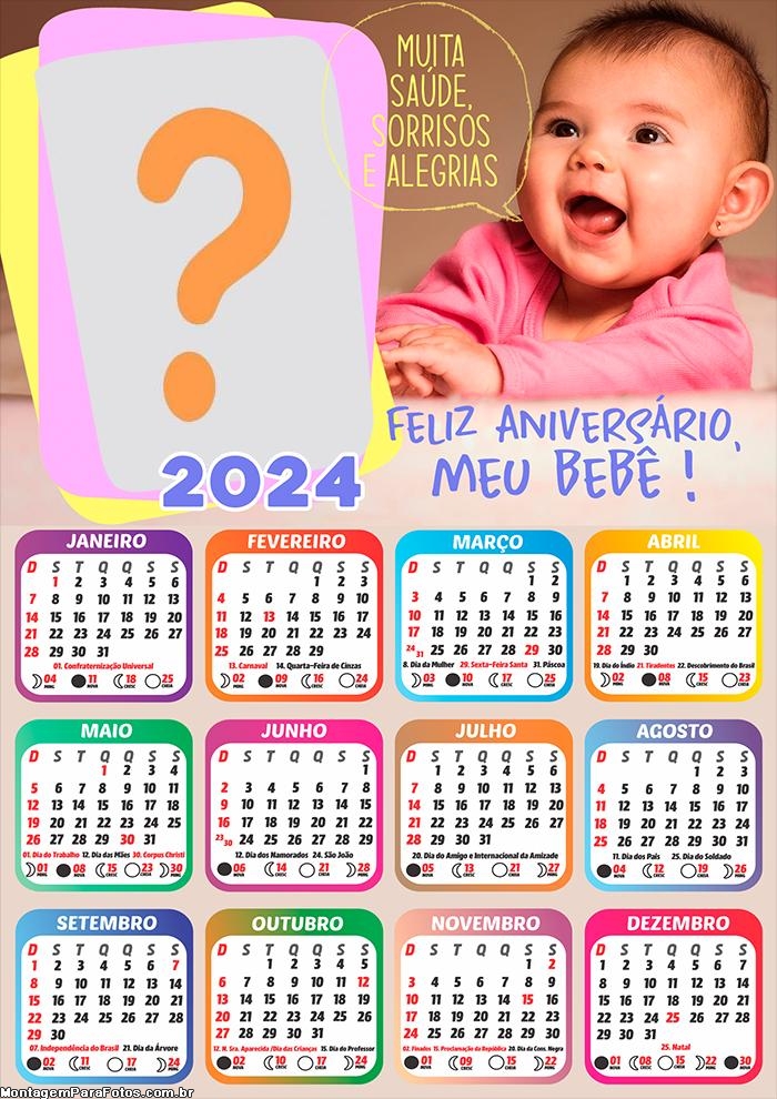 Calendário 2024 Feliz Aniversário Meu Bebê Mensagem Colagem de Foto