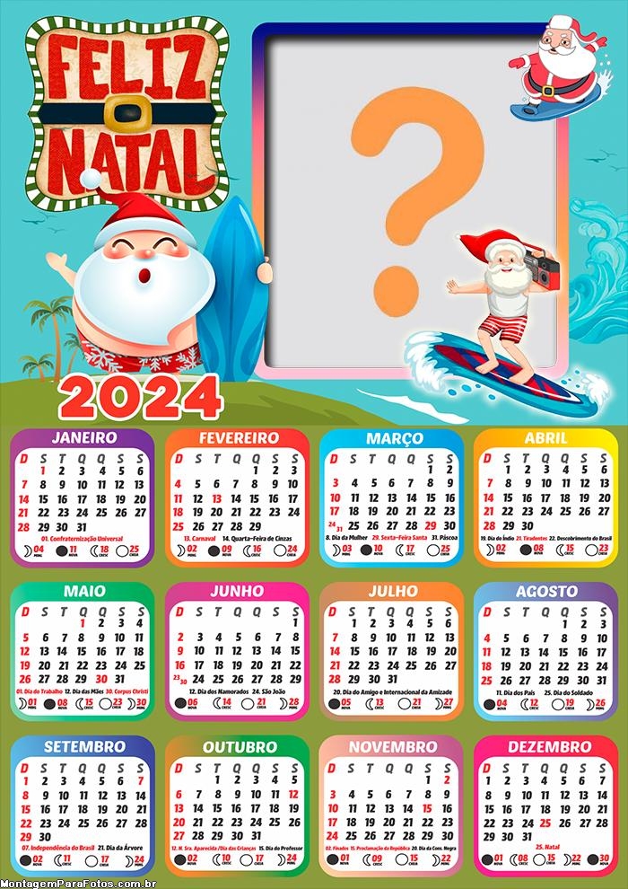 Calendário 2024 Papai Noel Surfista Criar Online Foto Montagem