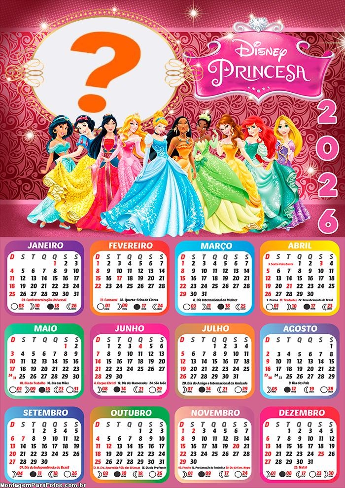 Calendário 2026 Princesas da Disney Foto Montagem