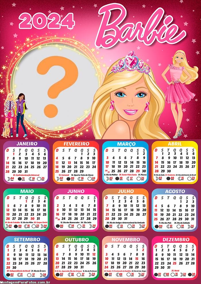 Calendário 2024 Barbie com Foto Grátis