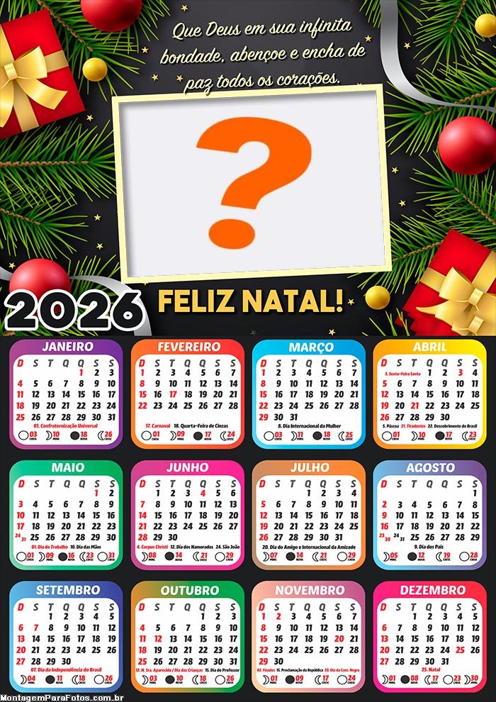 Calendário 2026 Encha de Paz Todos os Corações Fazer Colagem Grátis