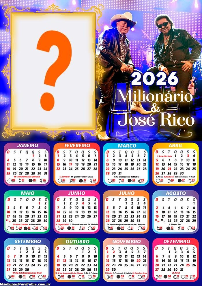 Calendário 2026 Milionário e José Rico Colar Foto Online