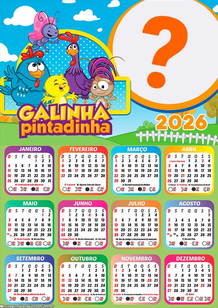 Calendário 2026 Galinha Pintadinha Montagem de Foto