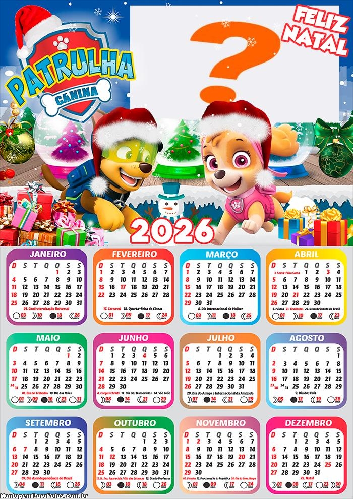 Calendário 2026 Feliz Natal Patrulha Canina Foto Colagem