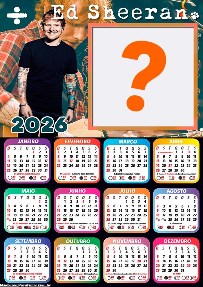 Calendário 2026 Ed Sheeran Colagem Online