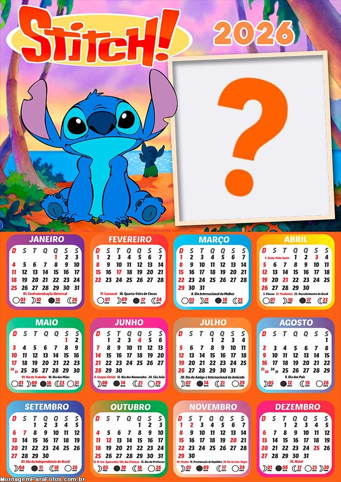 Calendário 2026 Stitch Juntar Foto Online