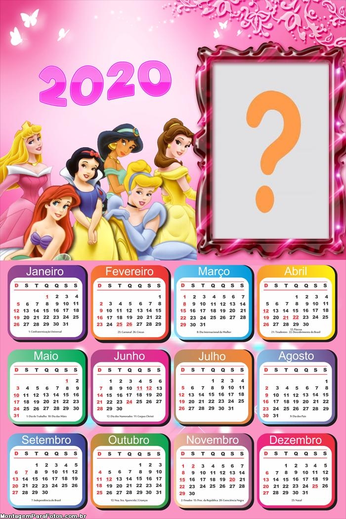 Calendário 2020 das Princesas Infantil