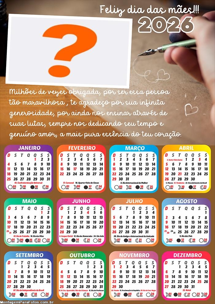 Calendário 2026 Mensagem Agradecimento Dia das Mães Fazer Colagem Grátis