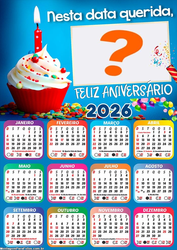 Calendário 2026 Feliz Aniversário Foto Montagem