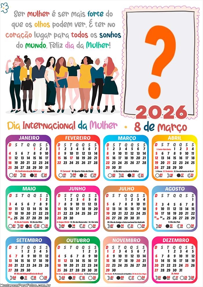 Foto em Calendário 2026 Mensagem Feliz Dia das Mulheres Online