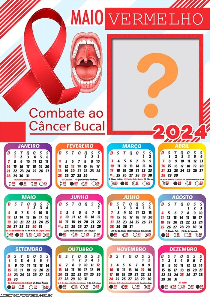 Calendário 2024 Campanha Maio Vermelho para Foto Colagem Grátis