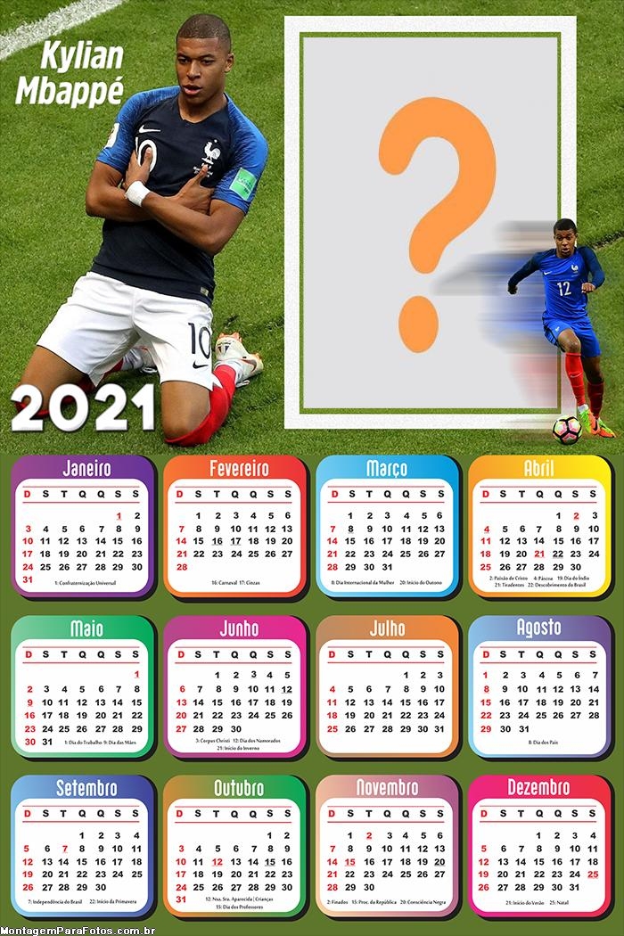 Calendário 2021 Kylian Mbappé PSG Jogador