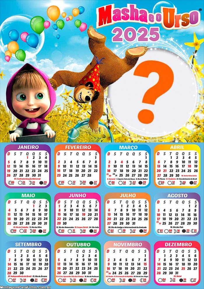 Calendário 2025 de Aniversário Masha e o Urso Montagem Grátis