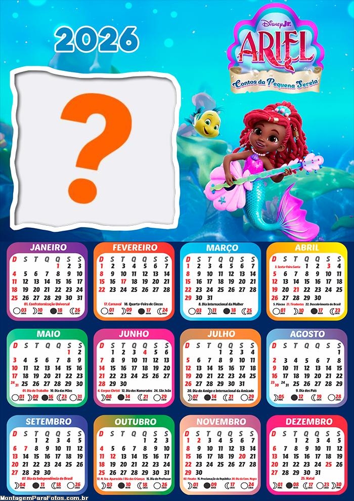 Calendário 2026 Ariel Contos de Pequena Sereia Criar Montagem