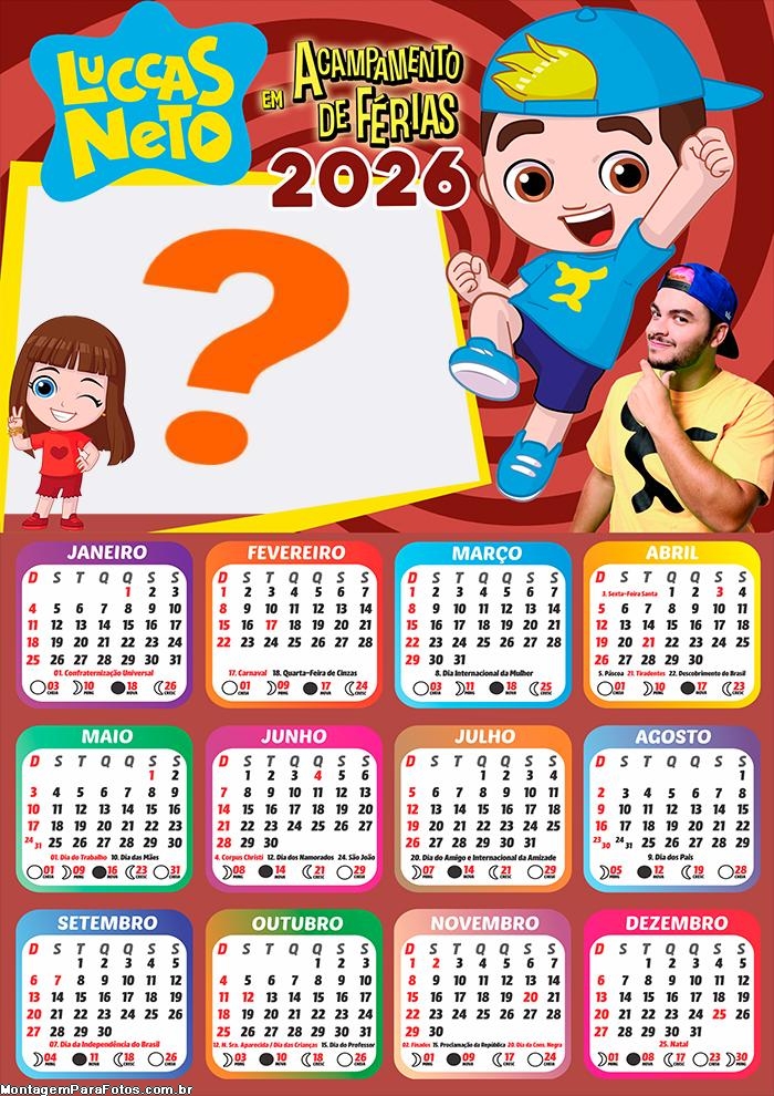 Calendário 2026 Acampamento de Férias Luccas Neto Colagem de Fotos