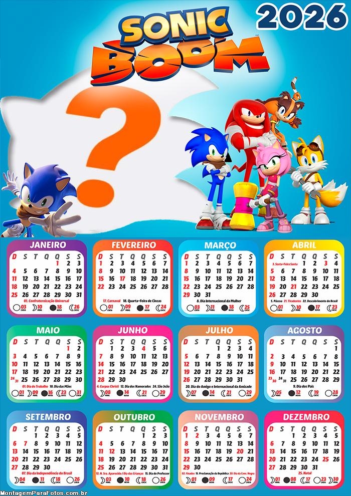 Calendário 2026 Sonic Boom para FotoMontagem
