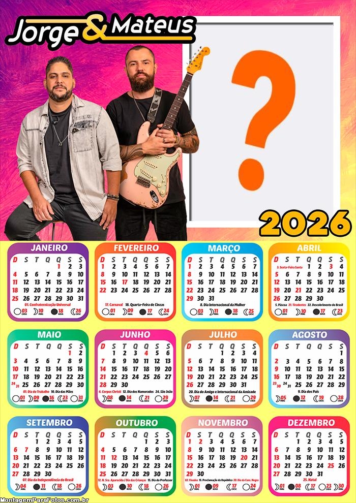 Calendário 2026 Jorge e Mateus Montagem de Foto