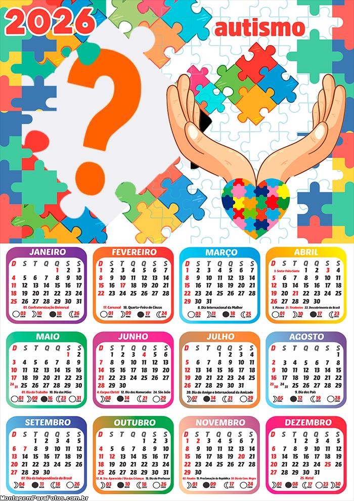Calendário 2026 Autismo Tema Colar Foto Online