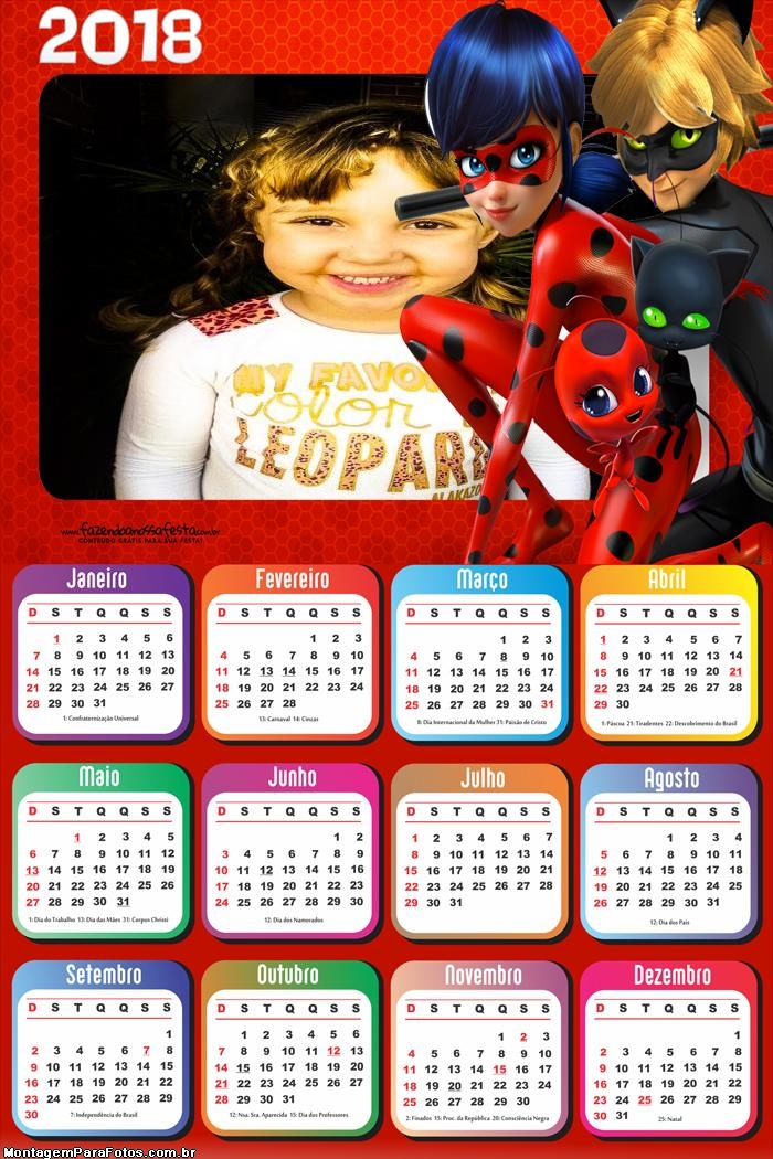 Calendário 2018 Cat Noir e Ladybug