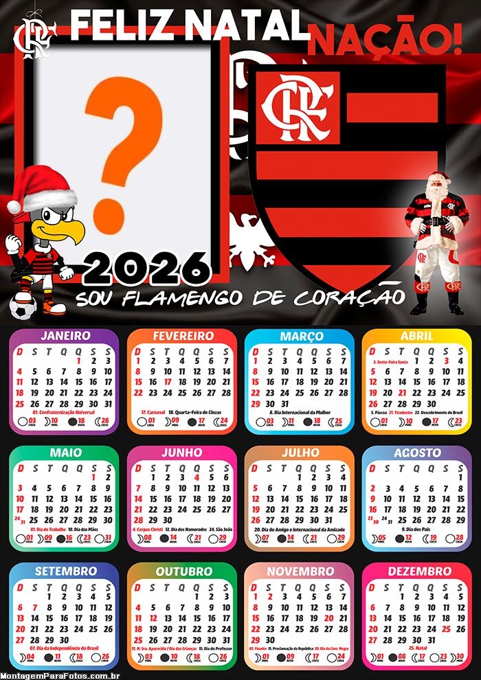 Calendário 2026 Feliz Natal Flamengo Foto Moldura