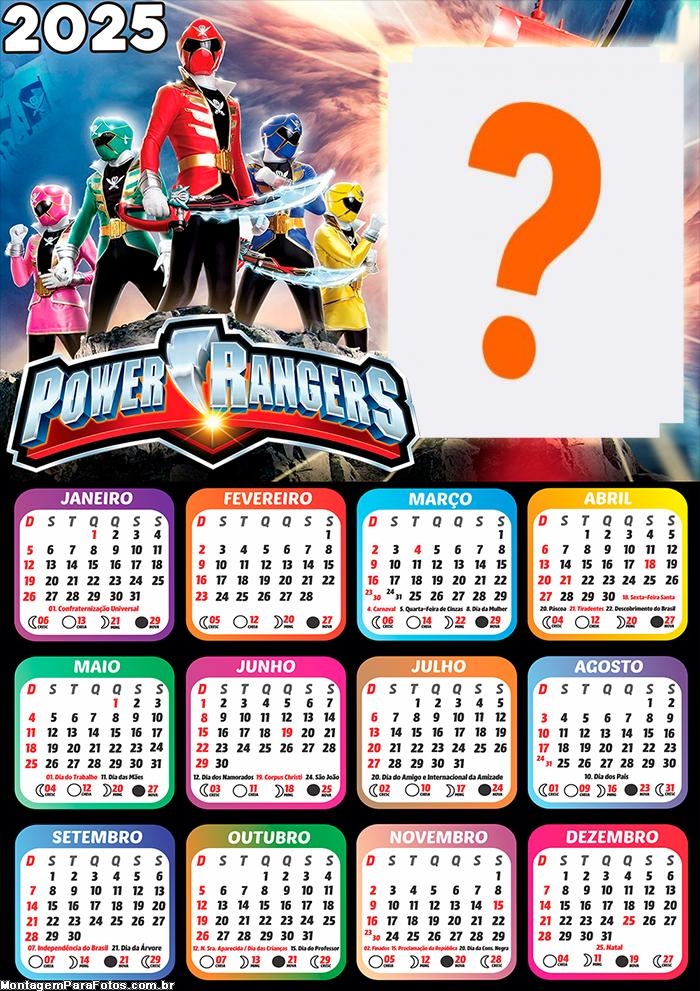 Calendário 2025 Power Rangers Colagem de Foto