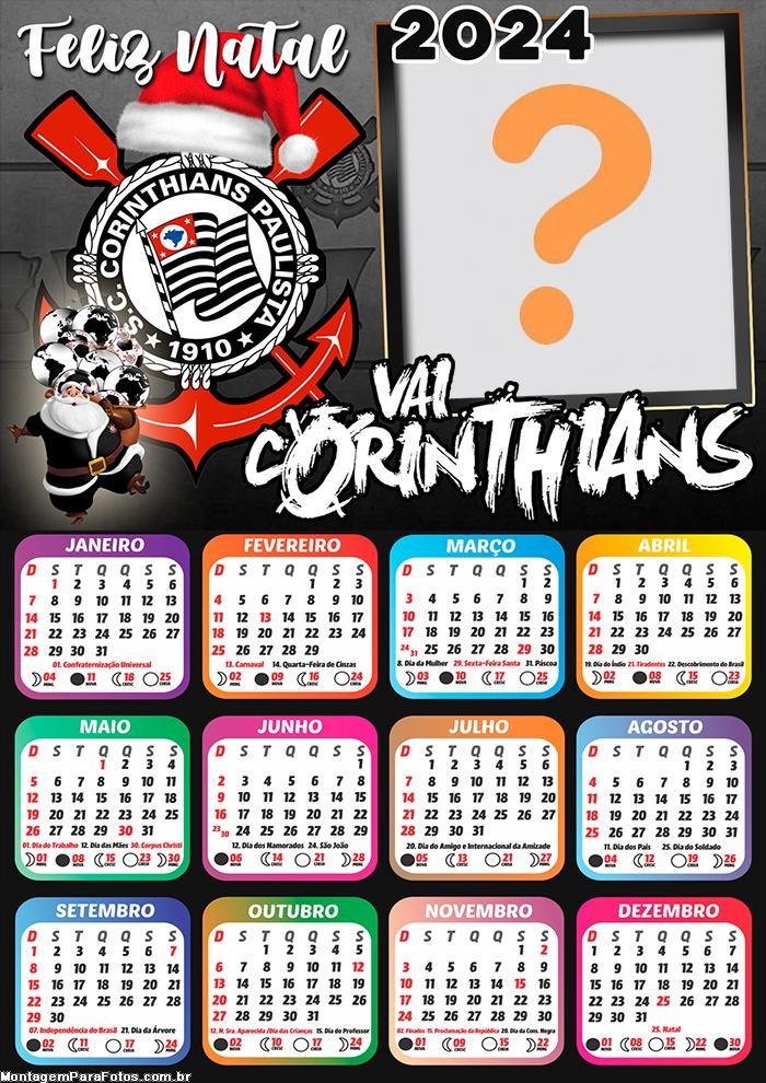 Colar e Imprimir Calendário 2024 Feliz Natal Corinthians