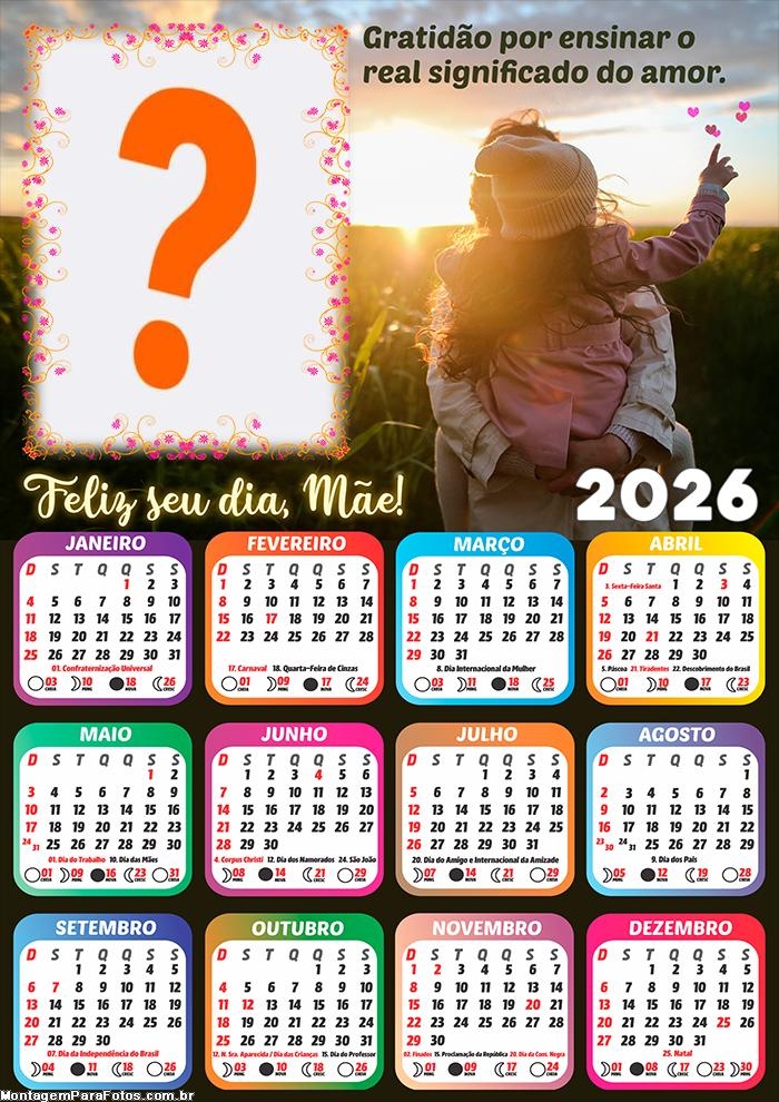 Calendário 2026 Gratidão Dia das Mães Montagem de Foto