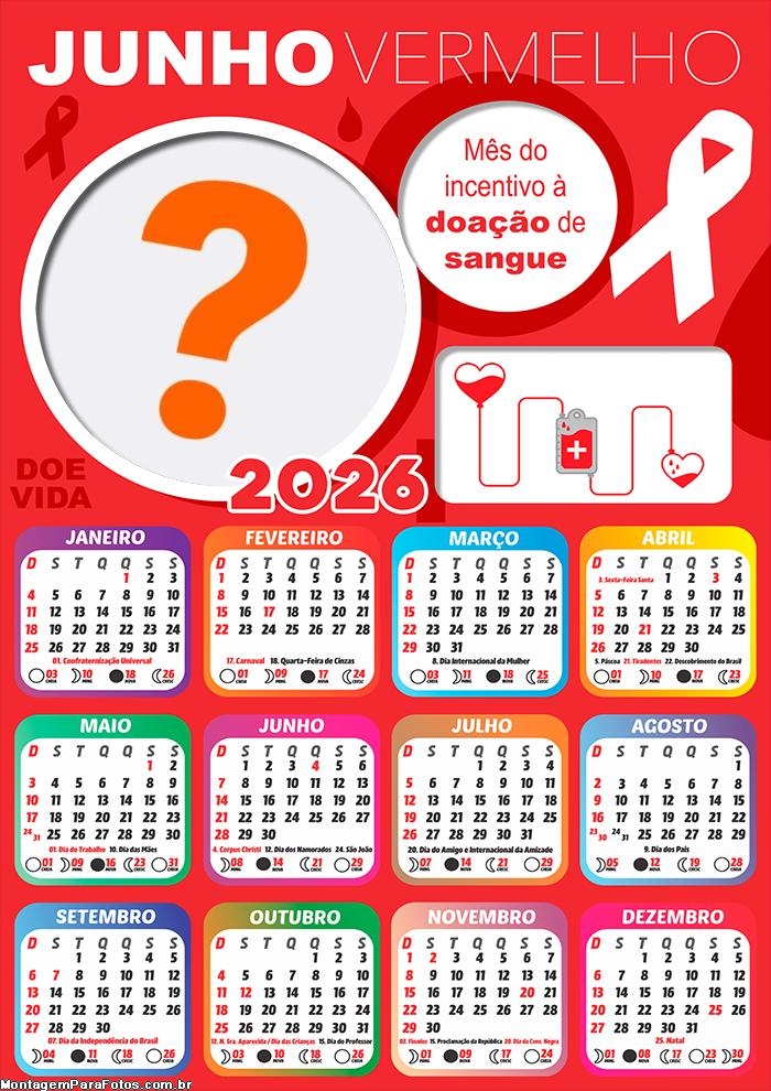 Calendário 2026 Campanha Junho Vermelho Fazer Colagem Grátis