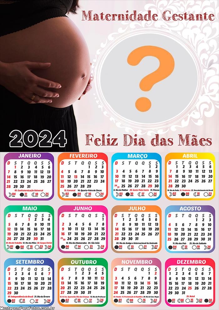 Calendário 2024 Juntar Foto Online Grávida Feliz Dia das Mães Colar Online