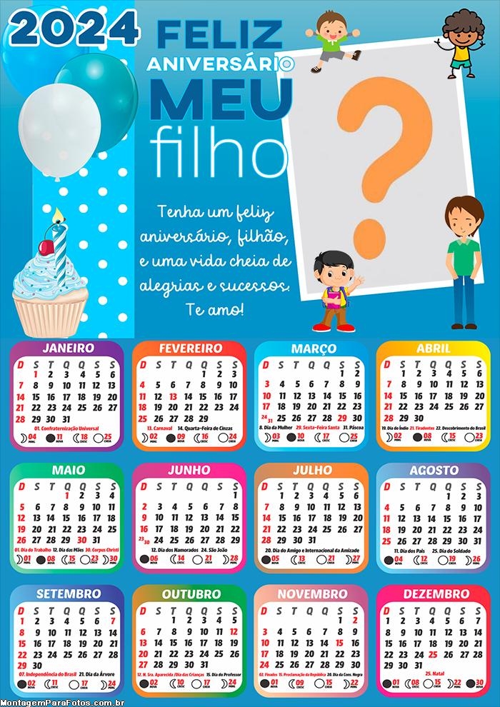 Calendário 2024 Feliz Aniversário Meu Filho Mensagem Foto Montagem