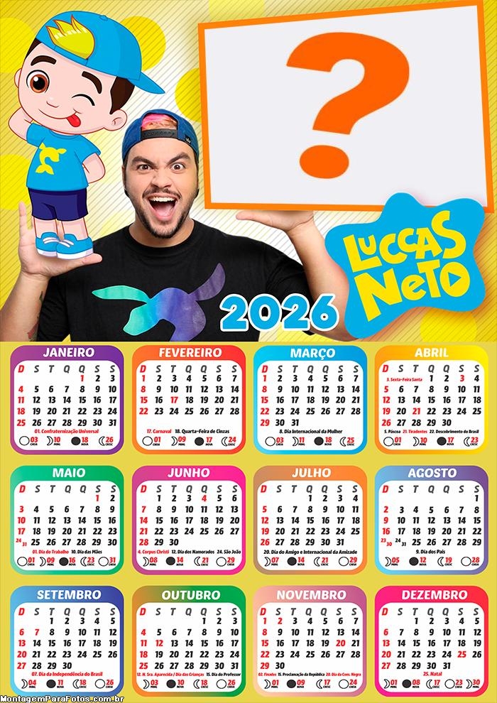 Calendário 2026 Luccas Neto para Crianças Montar Foto Grátis