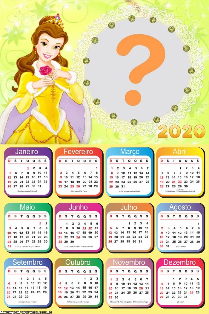 Calendário 2020 da Princesa Bela Moldura