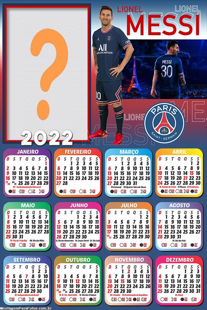 Calendário 2022 Lionel Messi PSG Colagem de Foto