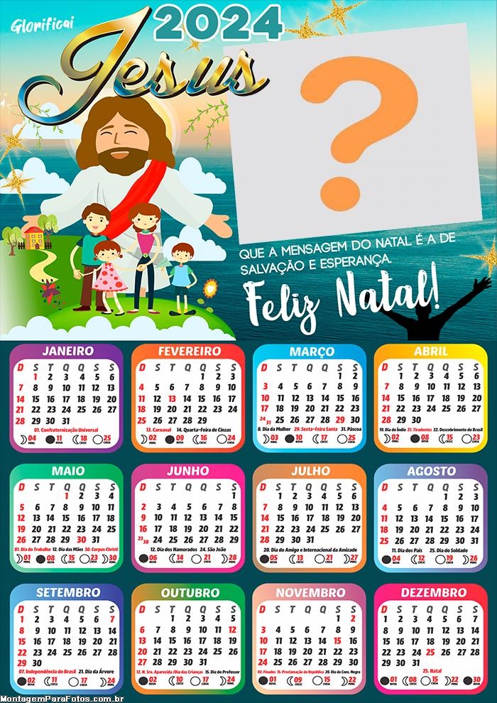 Calendário 2024 com Foto Grátis Feliz Natal Jesus Mensagem