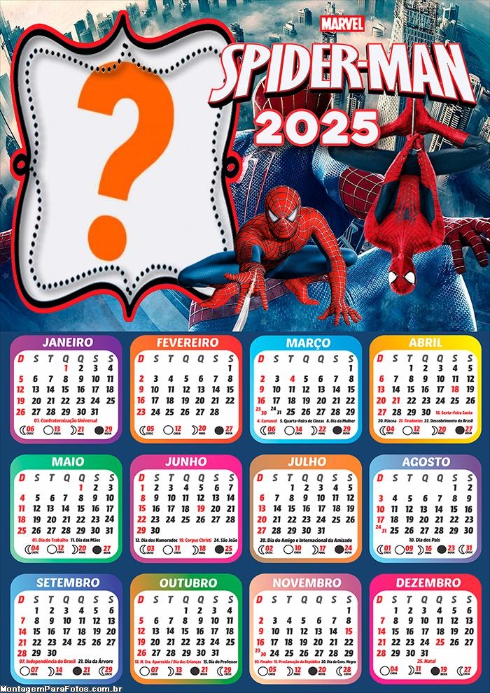 Calendário 2025 Spider Man Marvel Foto Montagem Grátis