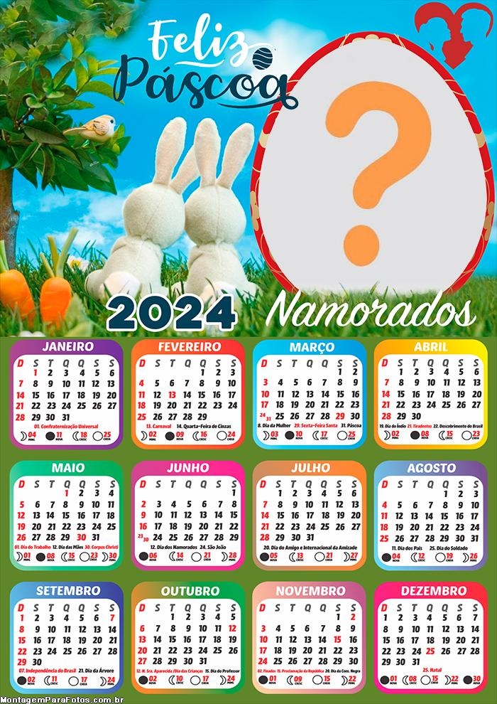 Calendário 2024 Colagem Grátis Feliz Páscoa Namorados