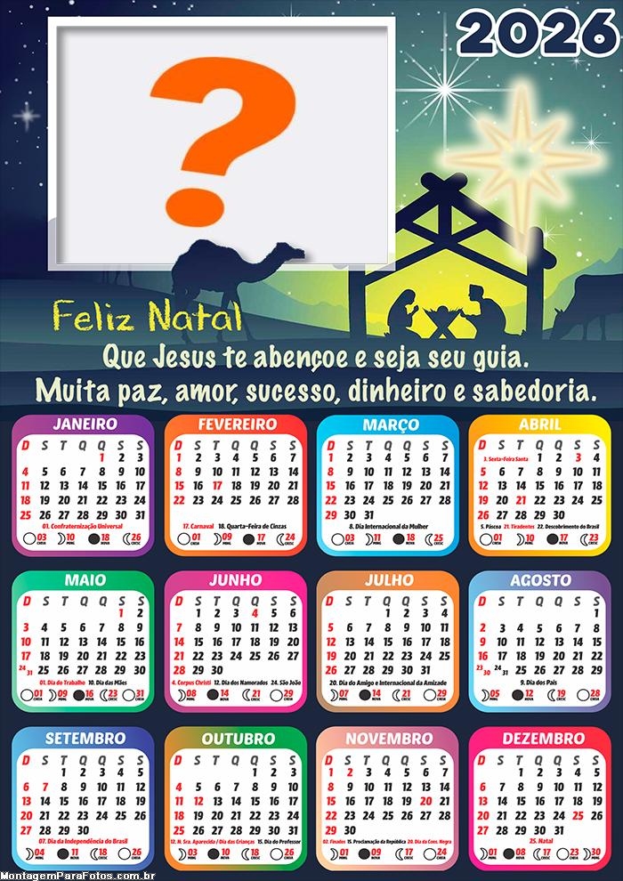 Calendário 2026 Feliz Natal Jesus te Abençoe Foto Moldura