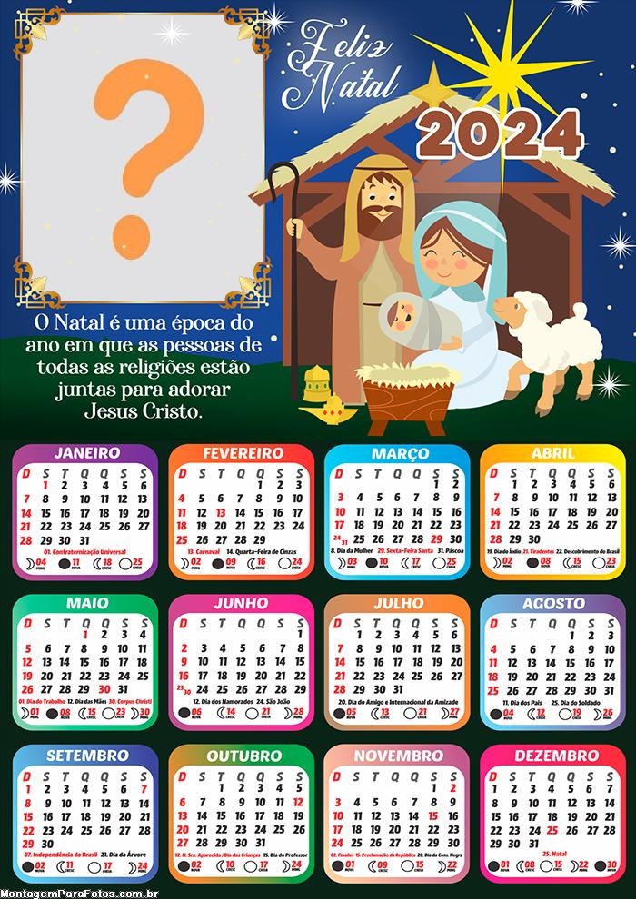 Calendário 2024 Presépio de Natal com Mensagem Moldura