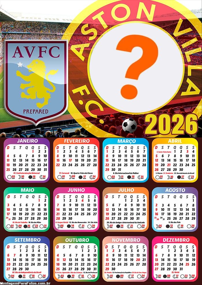 Calendário 2026 Aston Villa Football Club Colagem de Fotos